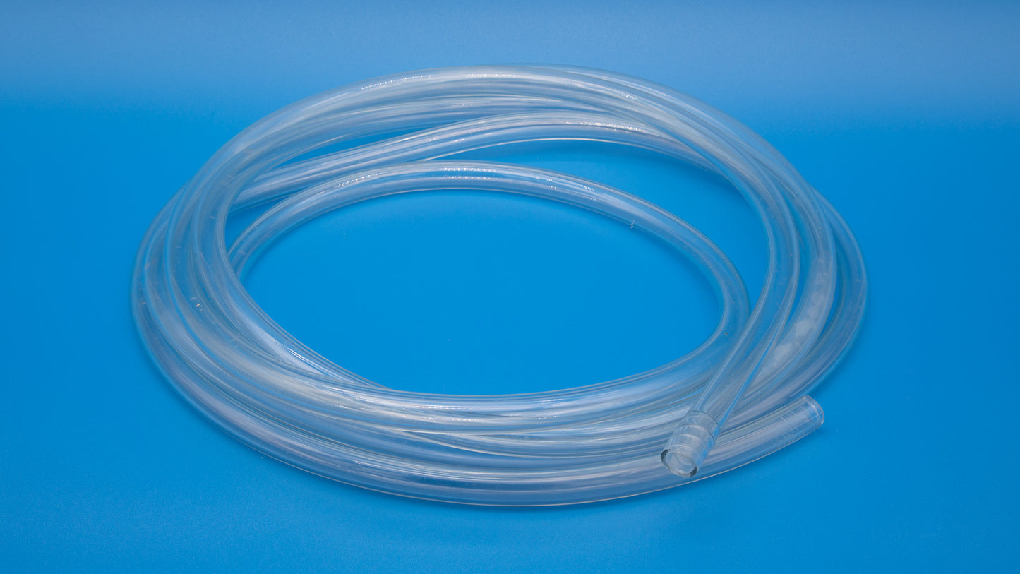 A clear plastic hose featuring a narrow end, showcasing its flexible and transparent design.
