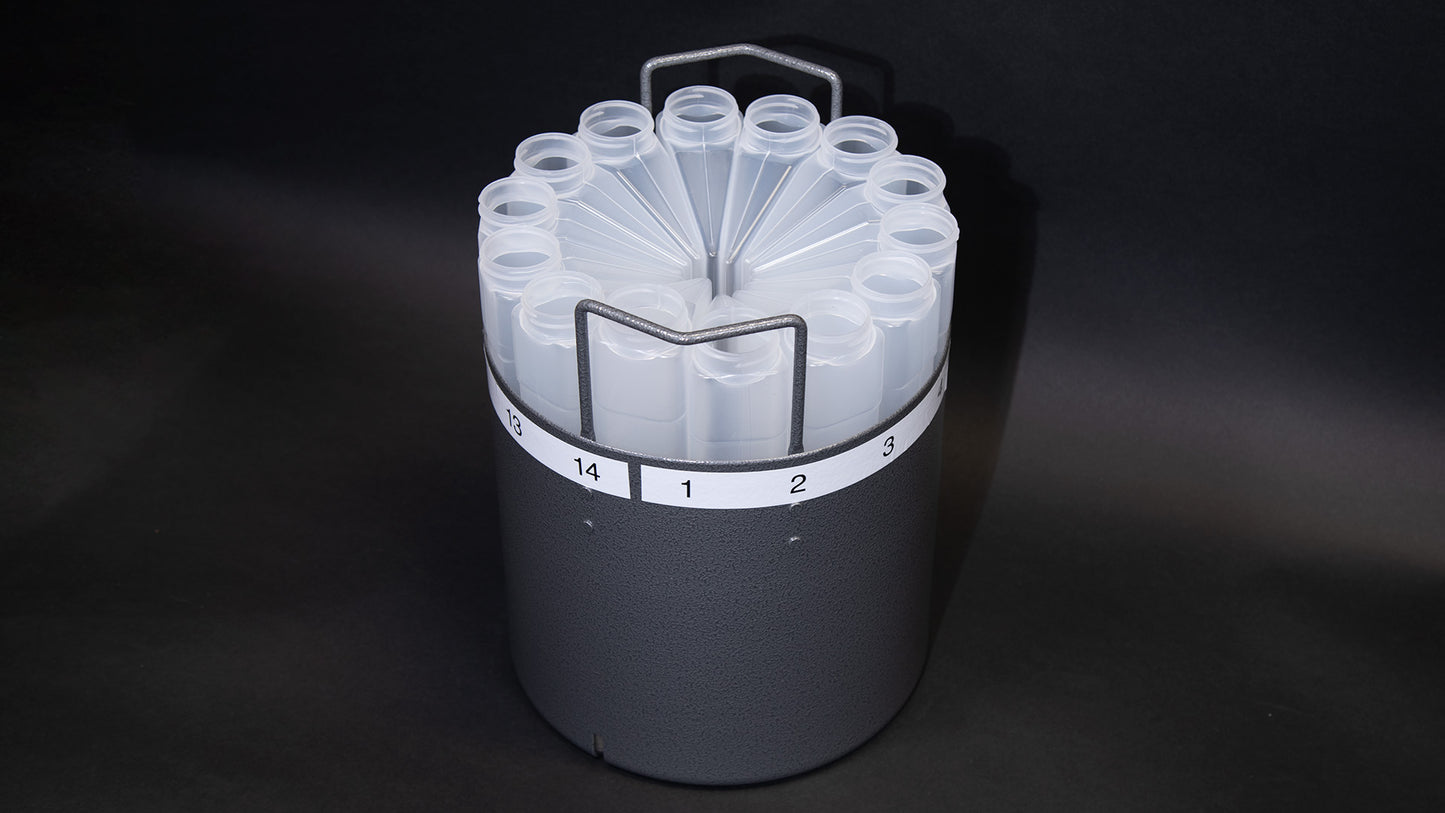 Plastic wedge-shaped bottles in a cylindrical container with handles.