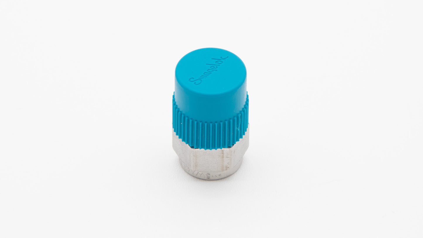 A stainless steel pipe plug with blue plastic cap positioned against a clean white background, highlighting its color and design.