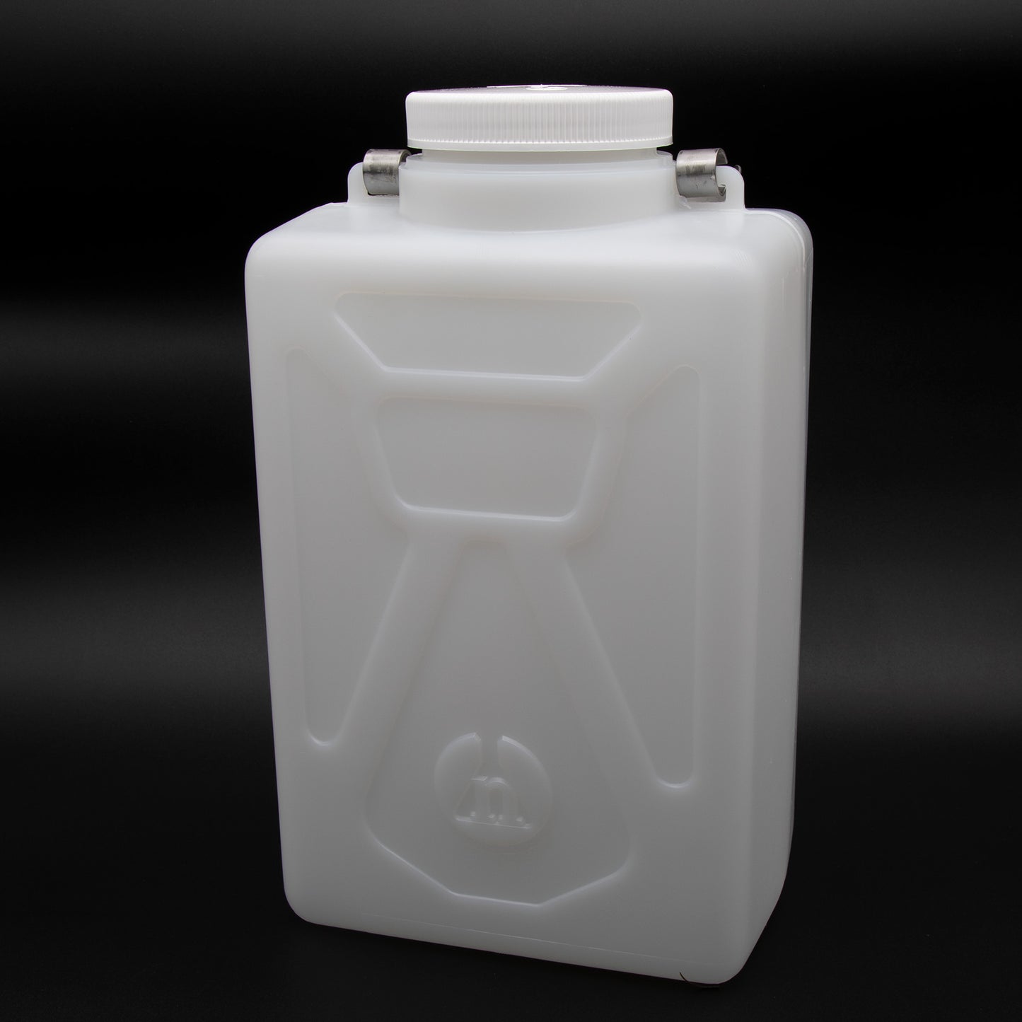 A plastic container with a lid placed on a smooth black surface, showcasing its sleek design and functionality.