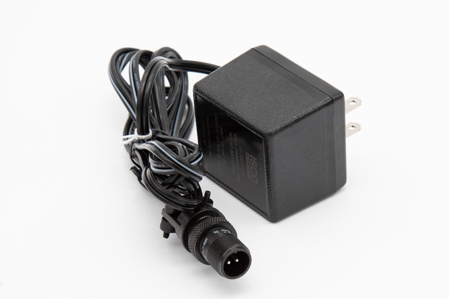 A black power supply unit with a cord, positioned against a clean white background.