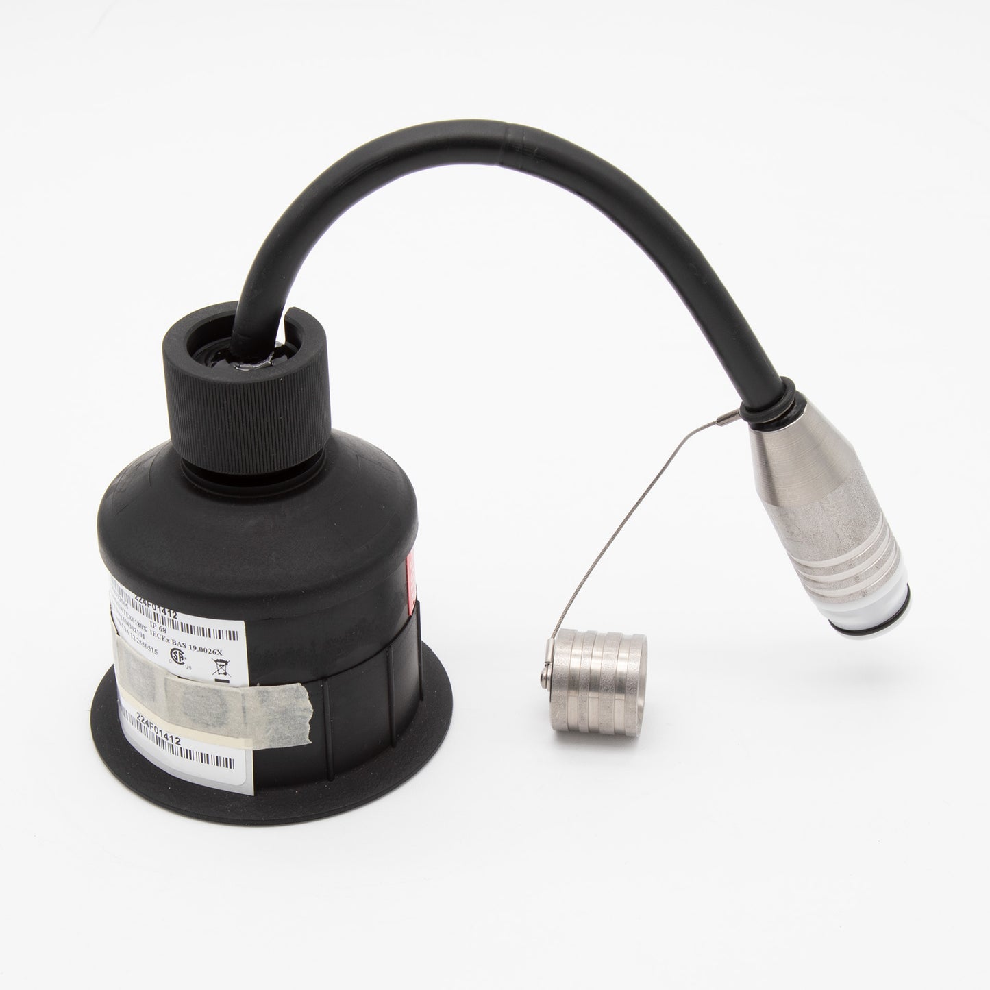 A black and silver device with an attached cord, showcasing a sleek and modern design suitable for various applications.