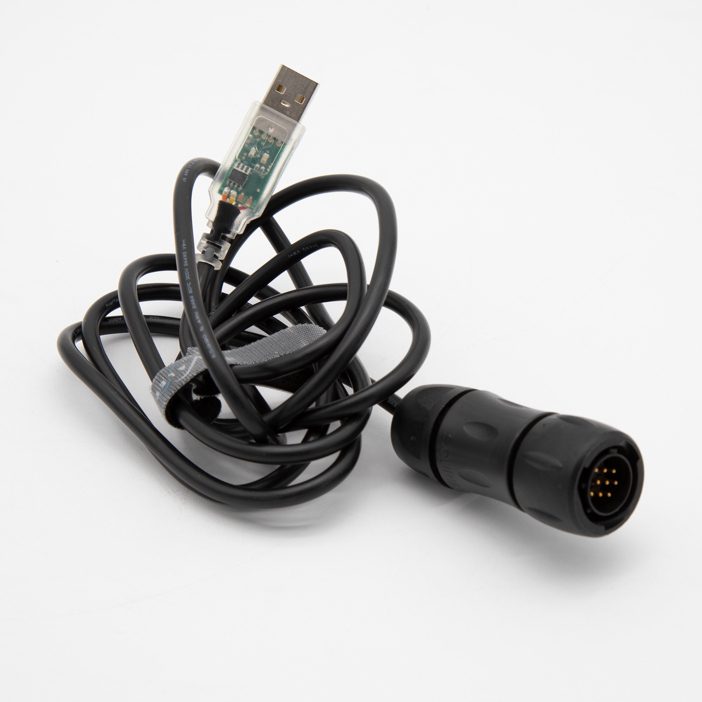 A USB cable with a cylindrical connector at one end, symbolizing the link for data exchange or power supply.