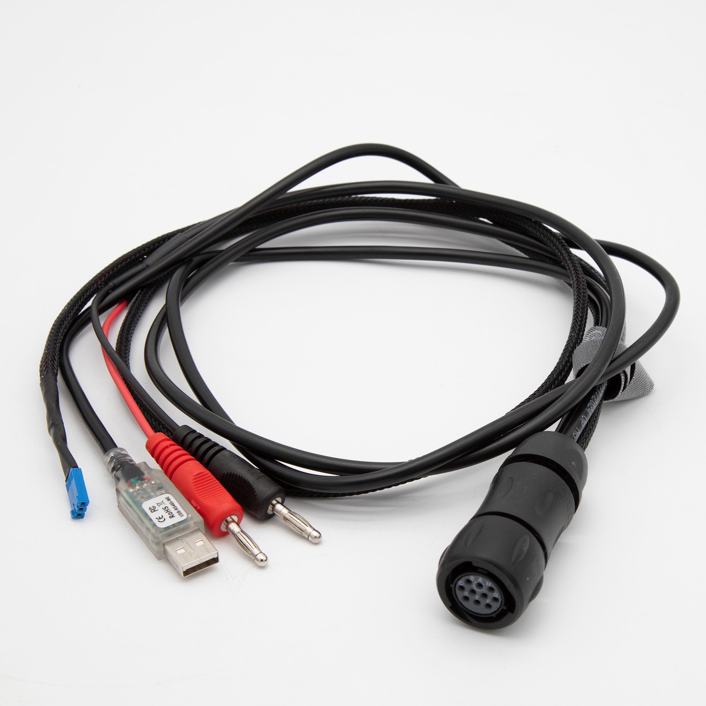 A USB cable featuring a connector at one end and a flexible wire extending from it.