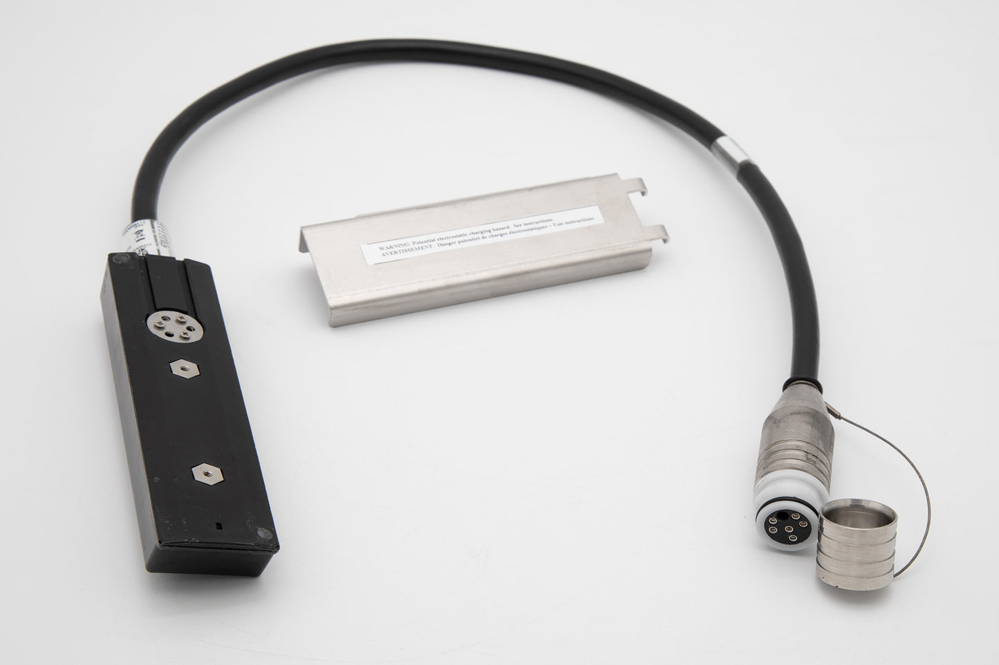 A black cable featuring a metal connector and a metal clip, suitable for various electronic devices.