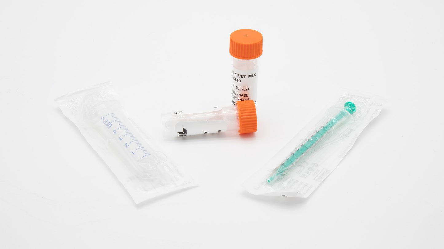 Two syringes and bottles with orange caps are displayed together on a neutral background.