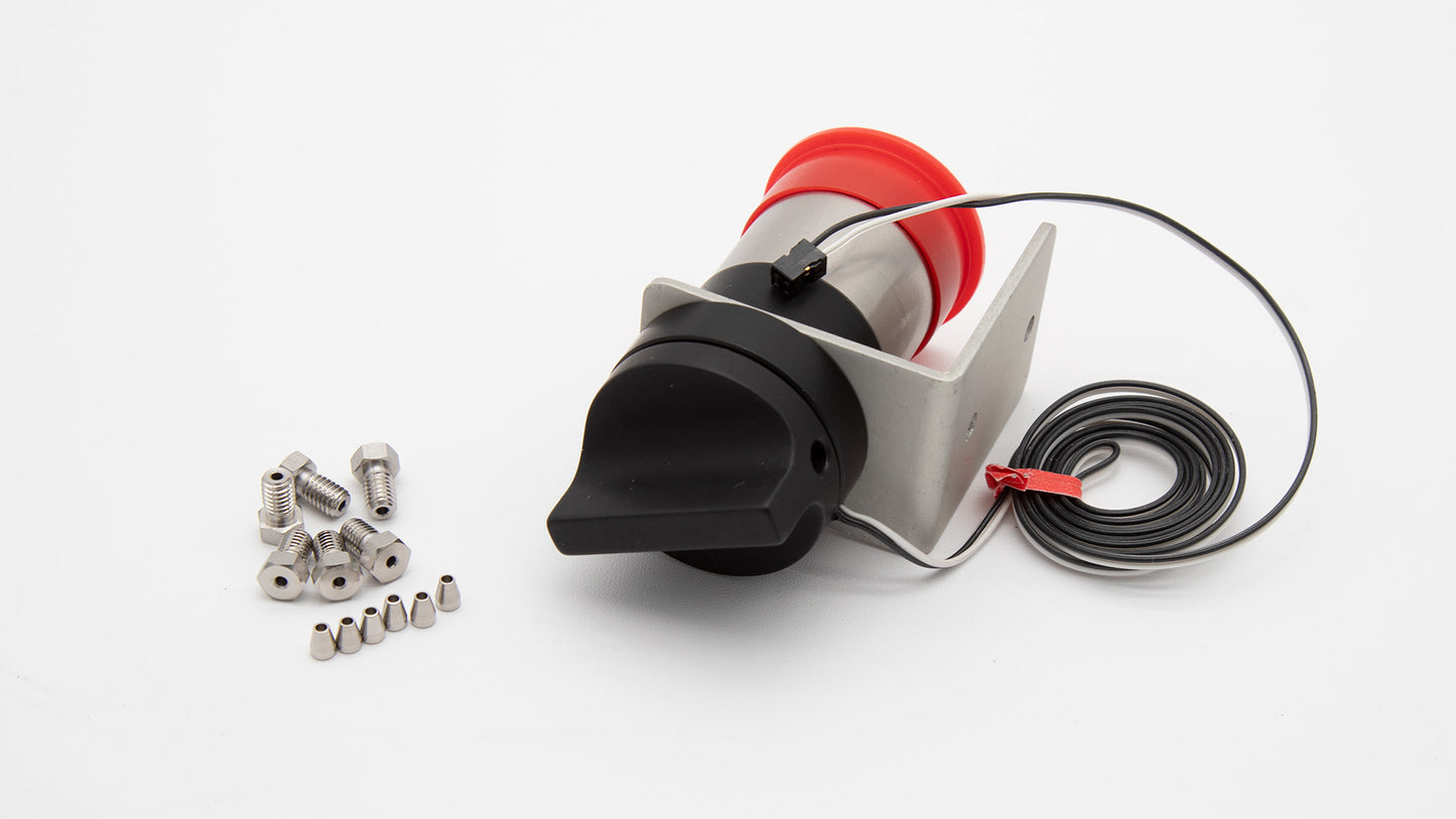 A compact red and black electric device, displaying wires and screws, emphasizing its engineering and electrical features.