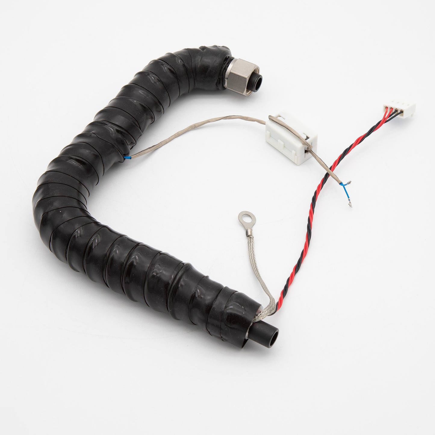 A black tube connected to a wire, showcasing a simple yet functional design for various applications.