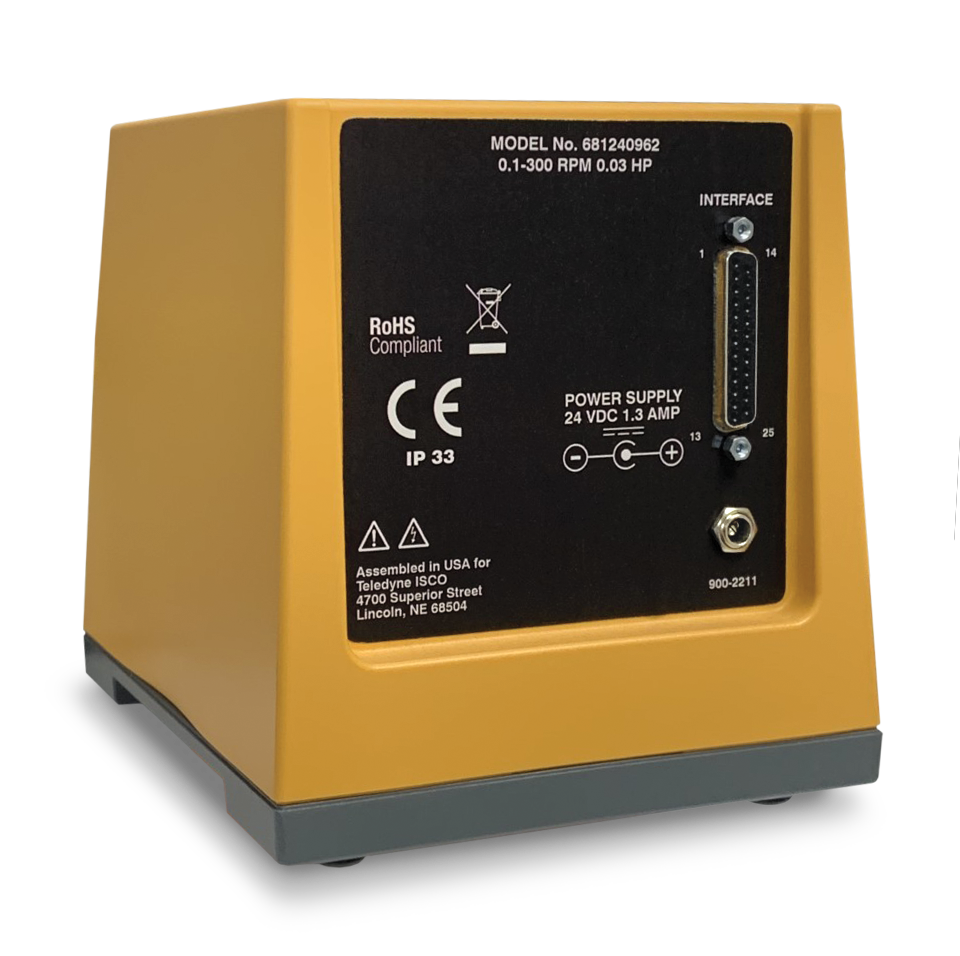 Yellow and black electronic device with technical specifications on a white background