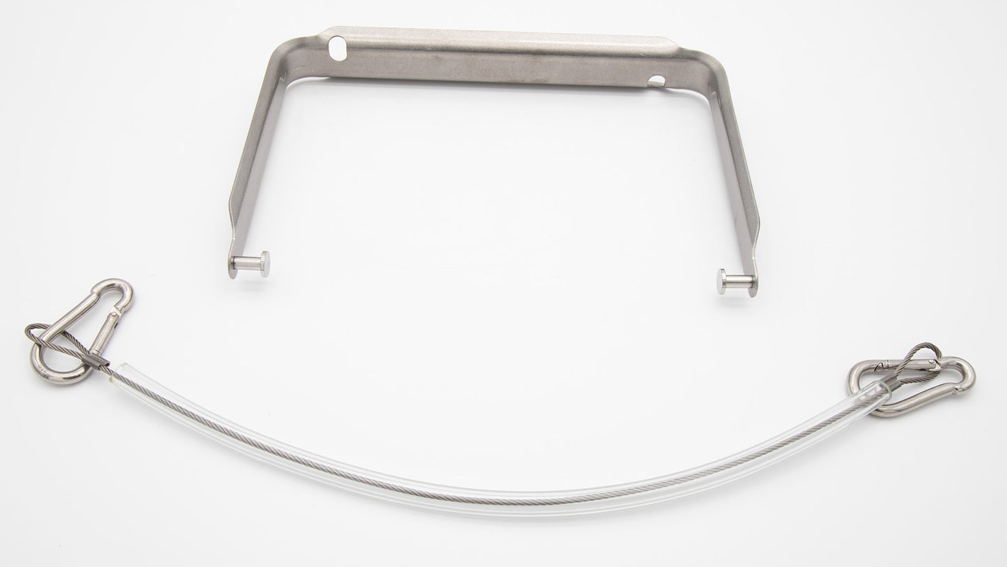 A metal handle featuring a hook and a wire, designed for securing objects together effectively.
