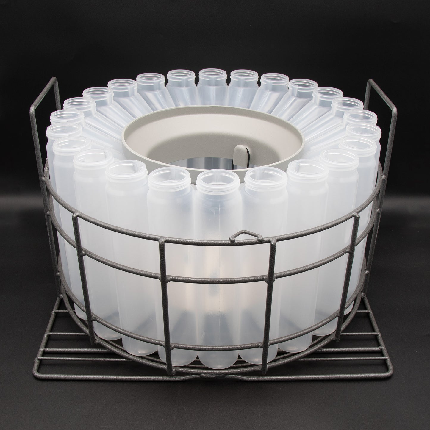 A rack containing various bottles, caps and hardware, arranged neatly for easy access and organization.