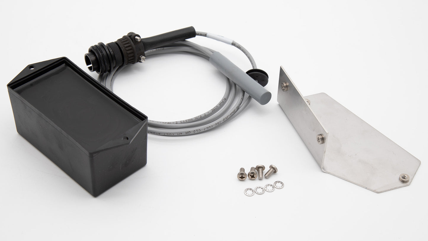 A plastic case and sensor with connector, plate and screws, showcasing a simple yet functional design for various applications.