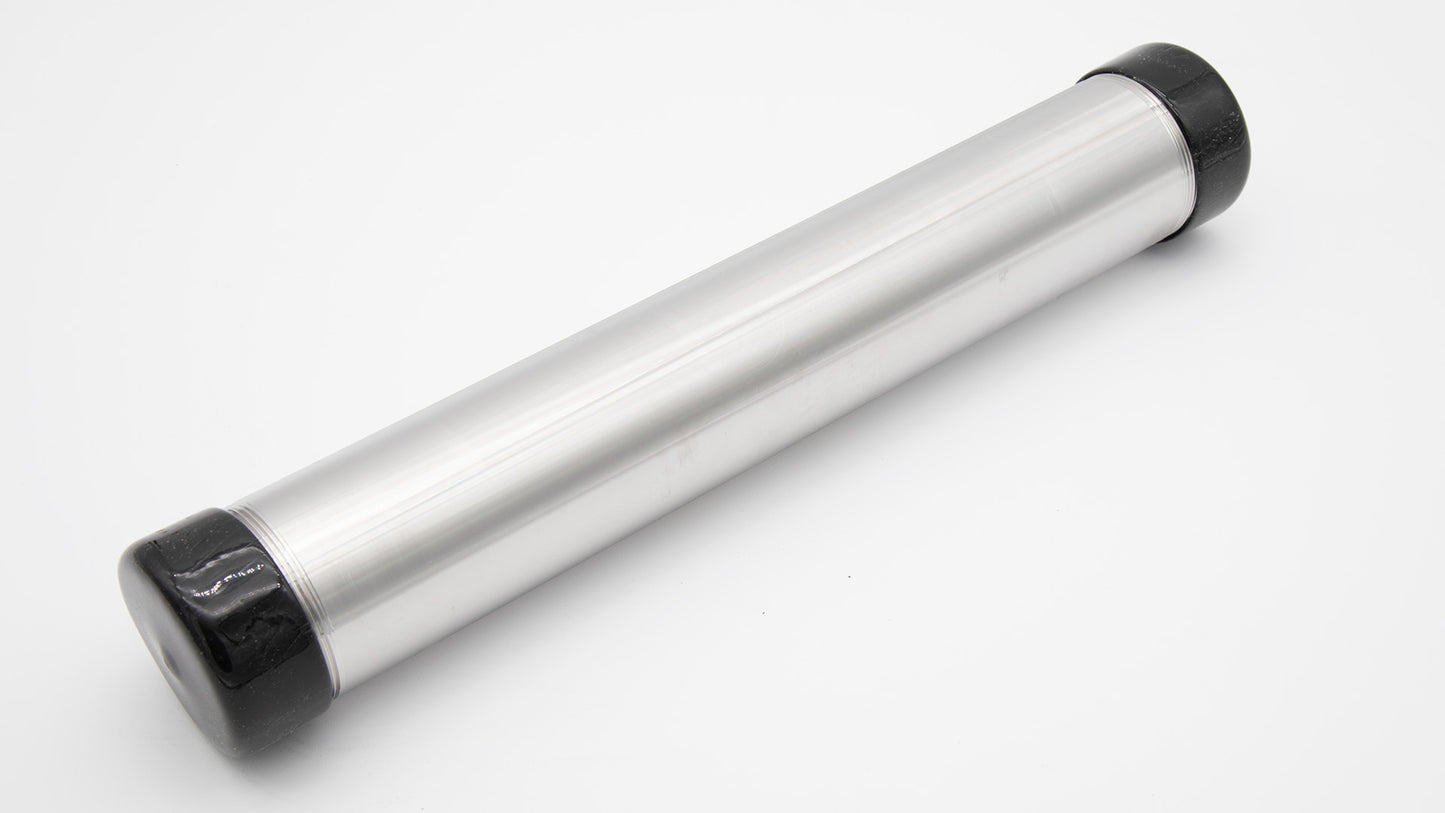 A stainless steel tube featuring black rubber stoppers at both ends, showcasing a sleek and modern design.