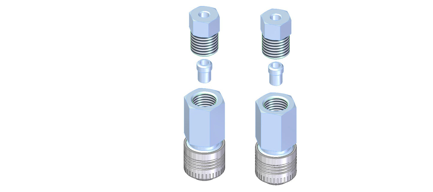 A pair of stainless steel valves arranged neatly on a white background, showcasing their metallic finish and design.