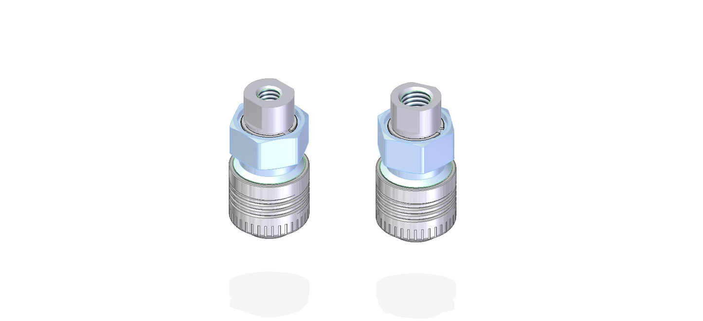 Two metal threaded connectors positioned on a white background, showcasing their intricate design and functionality.