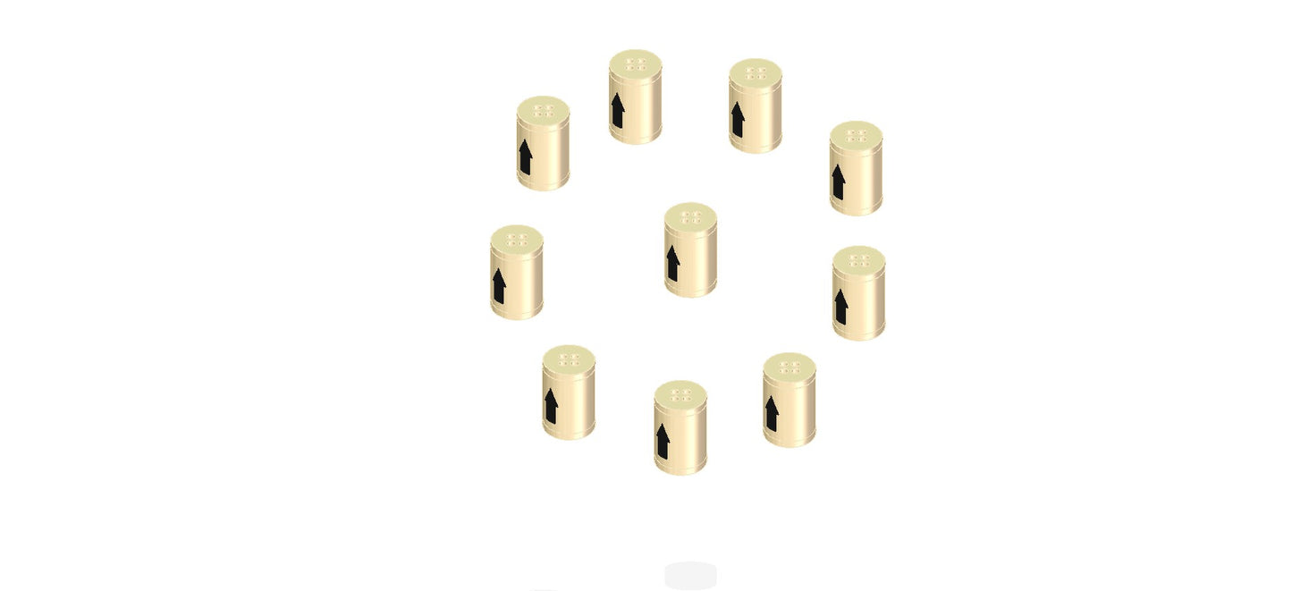 A collection of ten gold-colored capsules arranged neatly on a white surface, showcasing their shiny finish and elegant design.