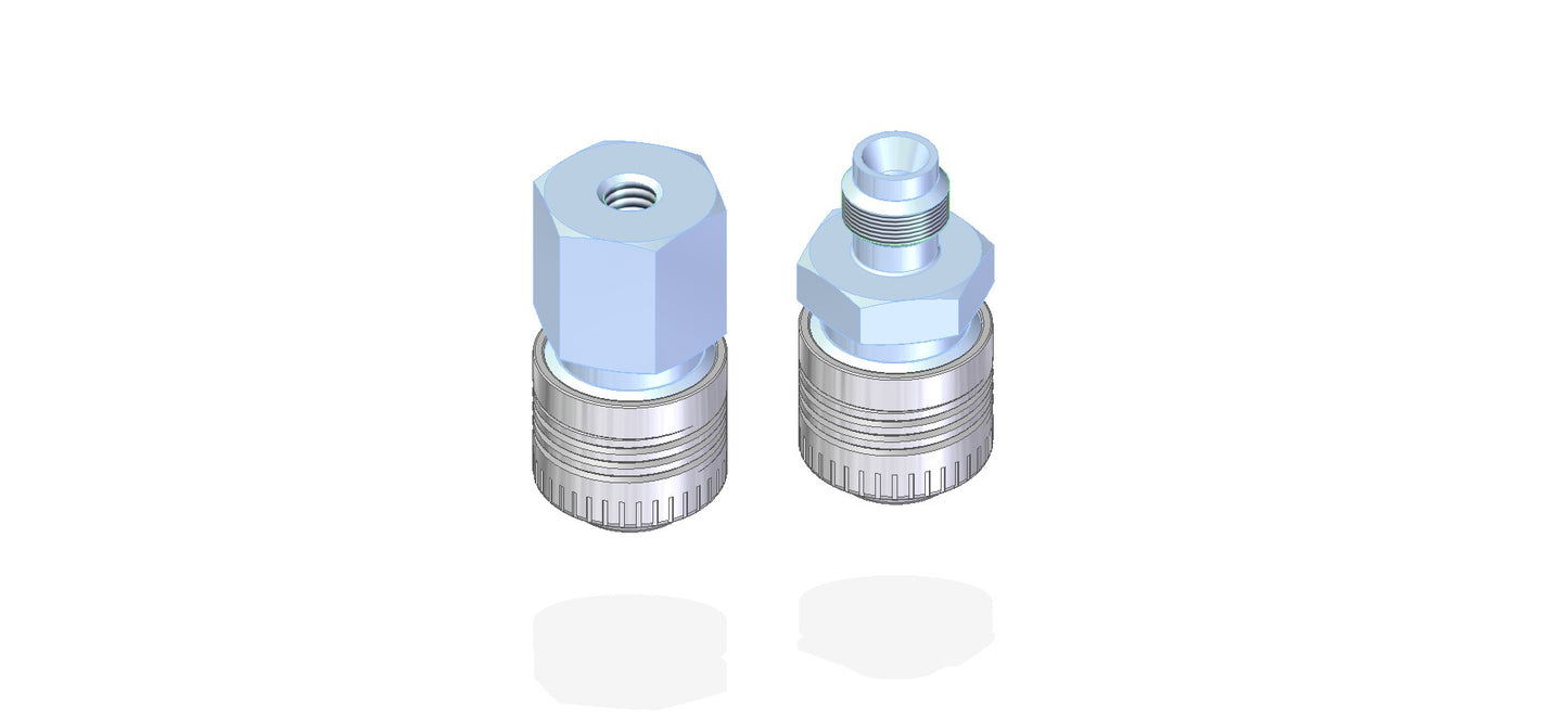 Two metal threaded check valves positioned on a clean white background, showcasing their intricate design and metallic finish.