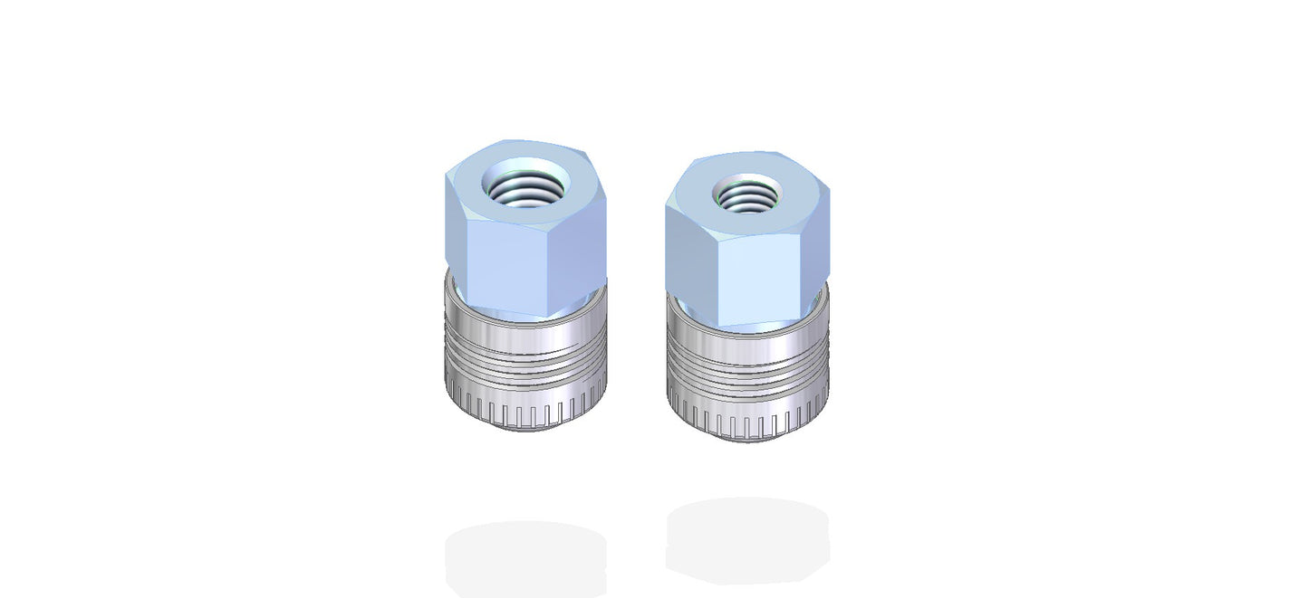 Two metal threaded check valves positioned on a clean white background, showcasing their intricate design and metallic finish.