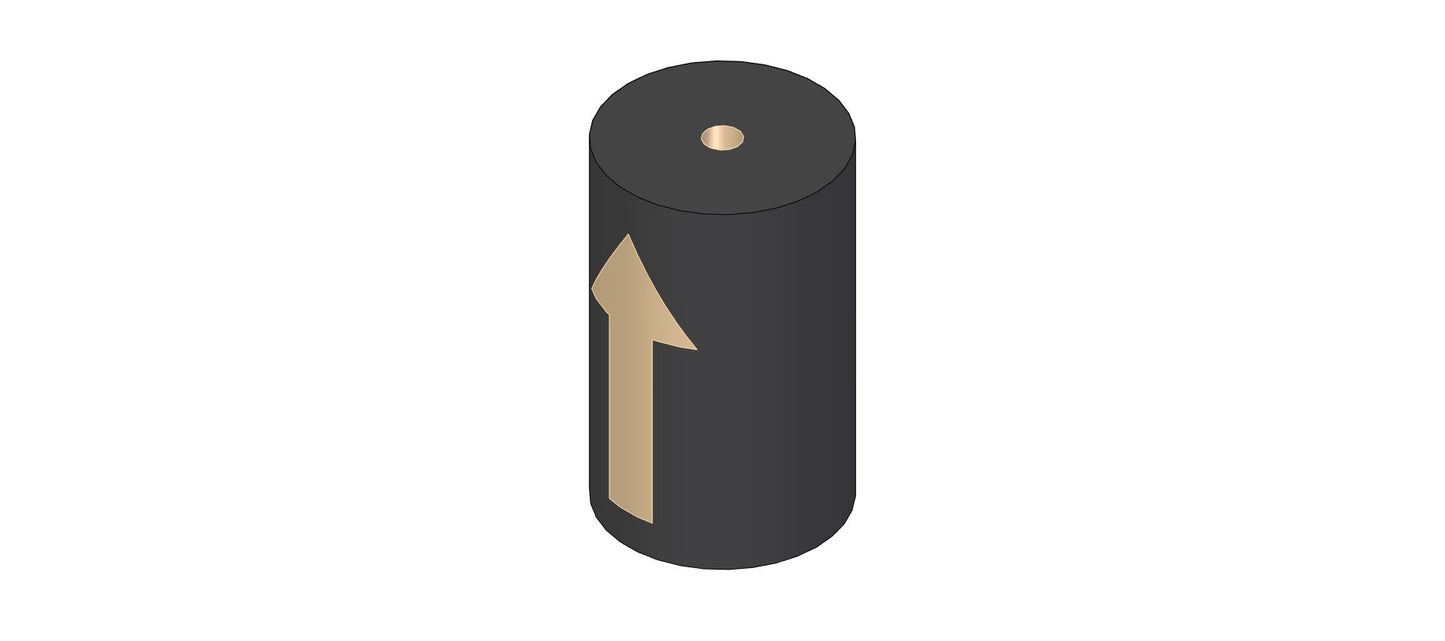A black cylinder featuring a small upward-pointing arrow on its surface, symbolizing direction.