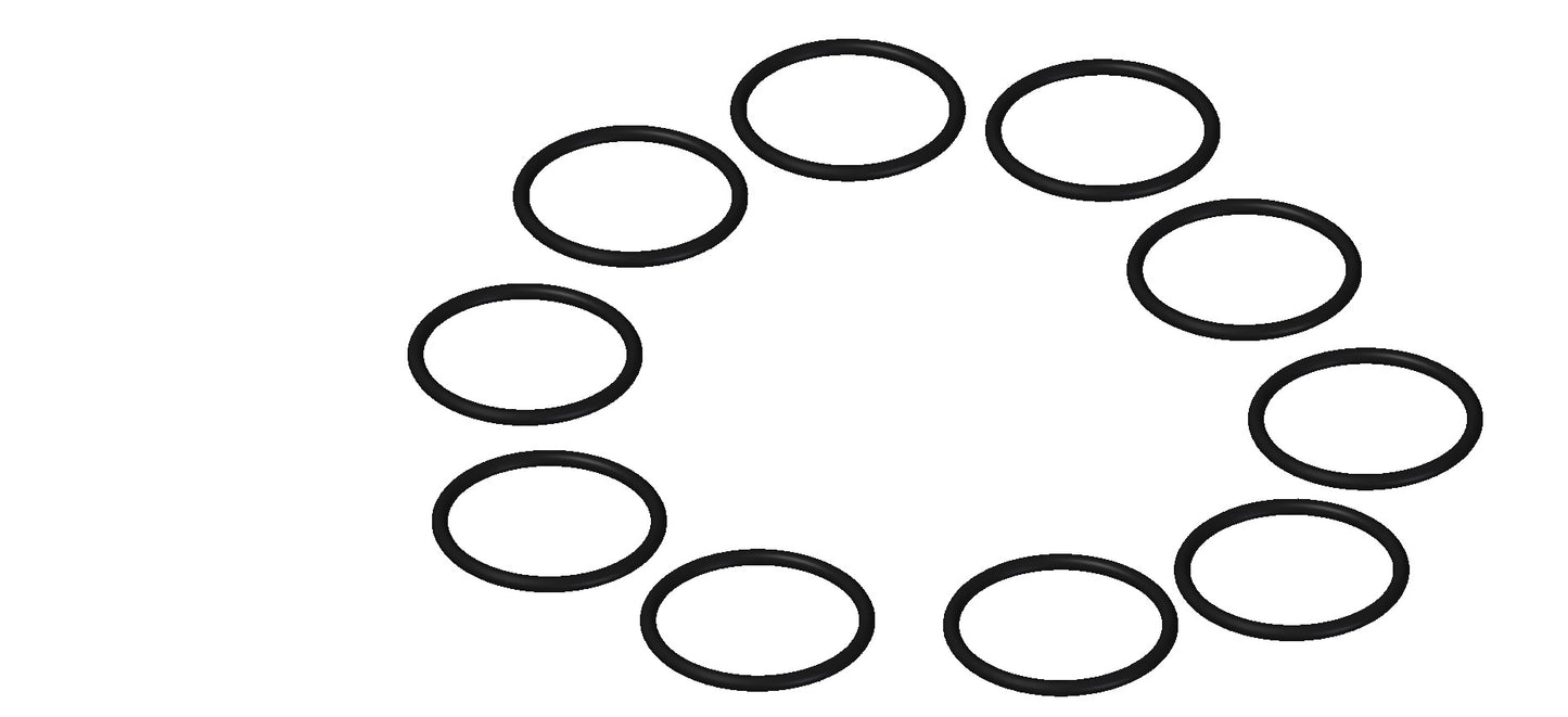 A circle of black rubber rings arranged neatly on a clean white background, showcasing their smooth texture and shape.
