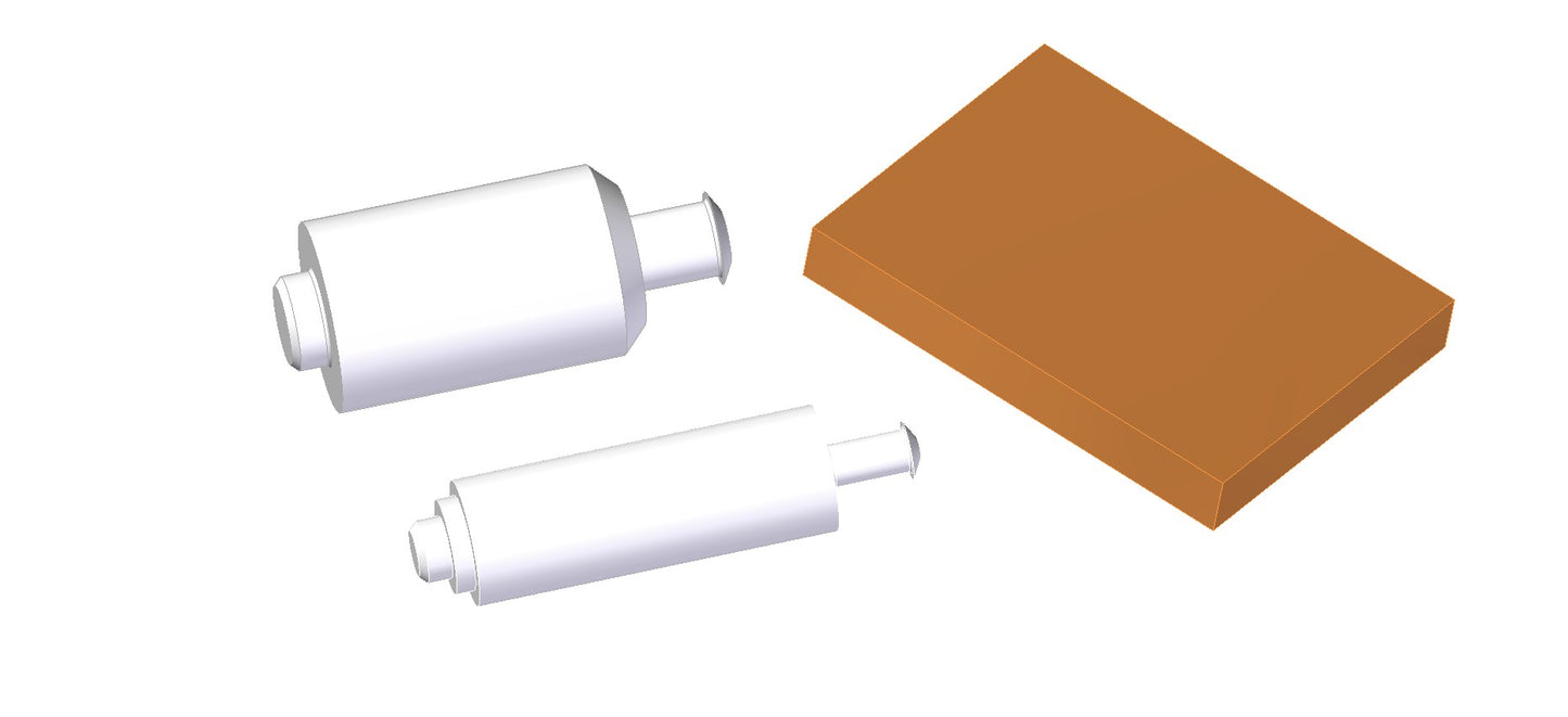 A 3D model depicting two cylindrical shaped plastic tools and a scouring pad, showcasing their cylindrical shapes and textured surfaces.