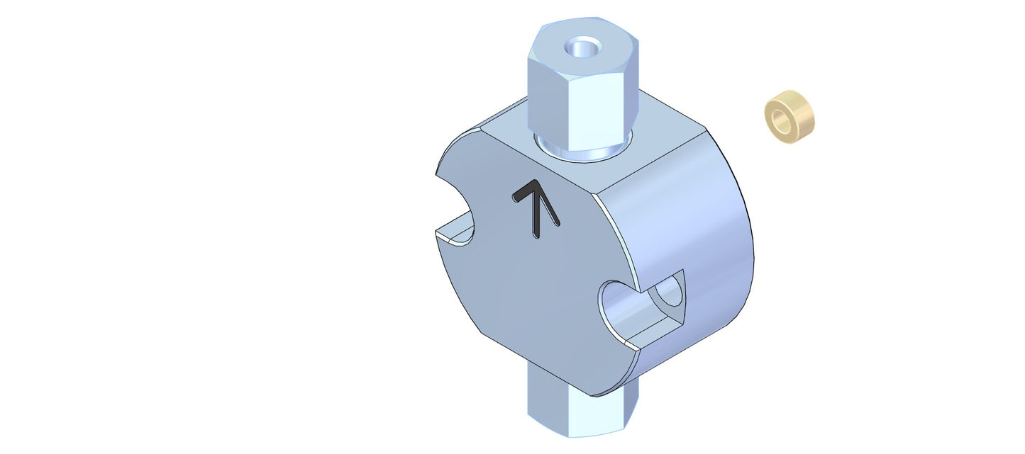 A 3D model of a metallic device with two connection points, showcasing intricate design and engineering details.