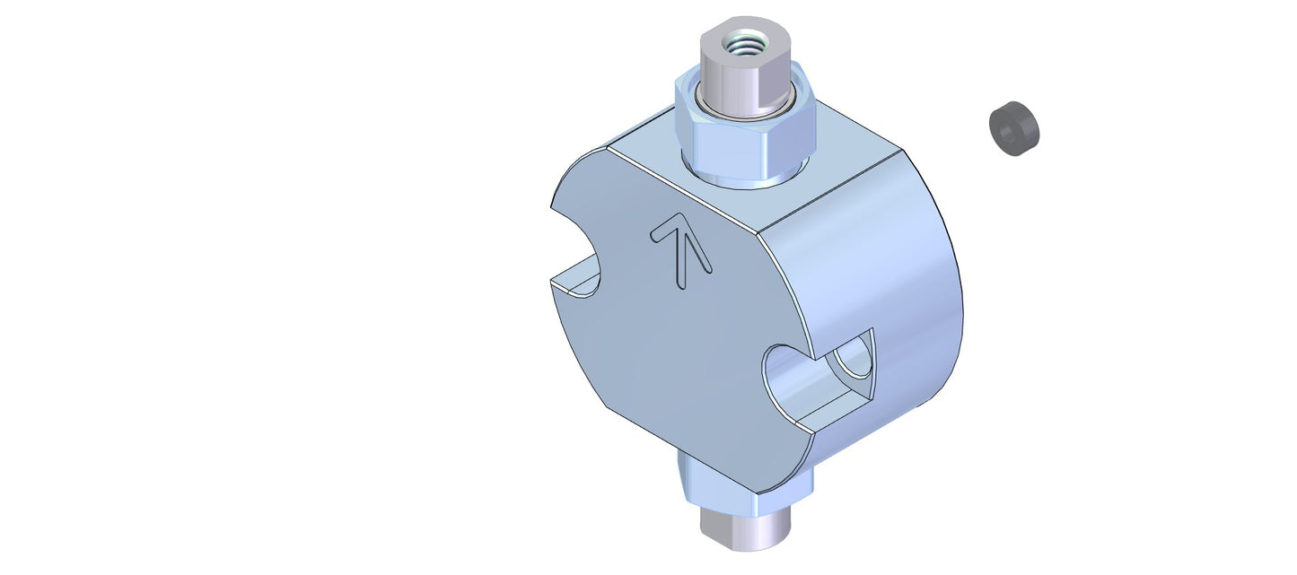 A 3D model of a metallic device with two connection points, showcasing intricate design and engineering details.