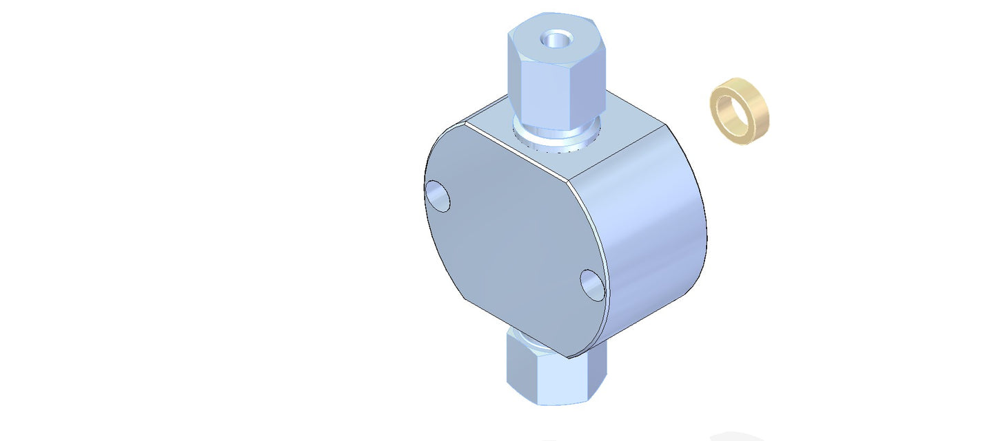 A 3D model of a metallic device with two connection points, showcasing intricate design and engineering details.