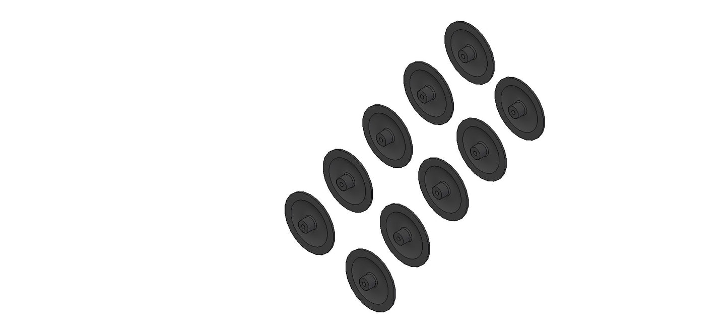 A black and white image featuring a cluster of black circular diaphragms arranged in various sizes and positions.
