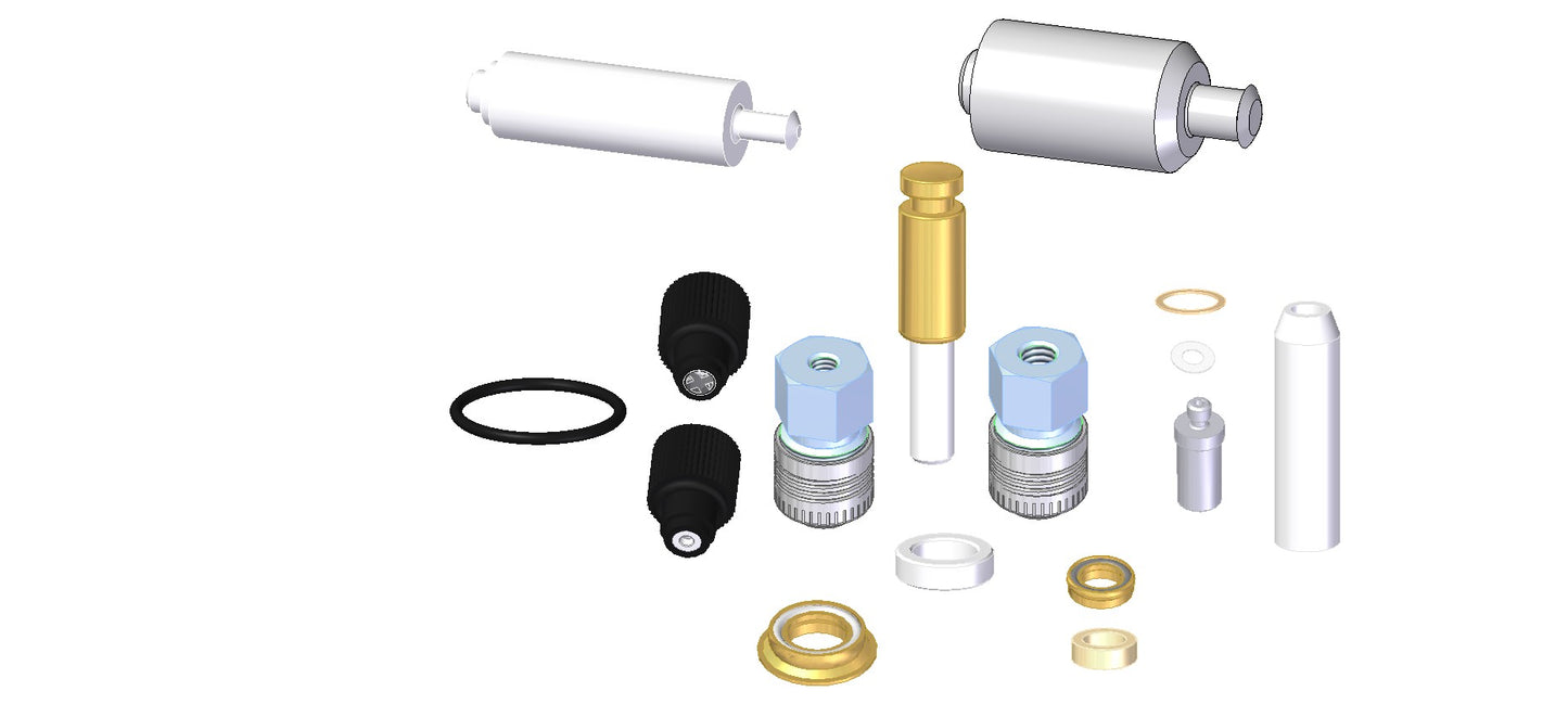 An assortment of seal, piston, check valve, and filter kits, displayed on a neutral background.