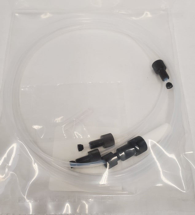 A hose featuring two black connectors, accompanied by a plastic bag, set against a neutral background.
