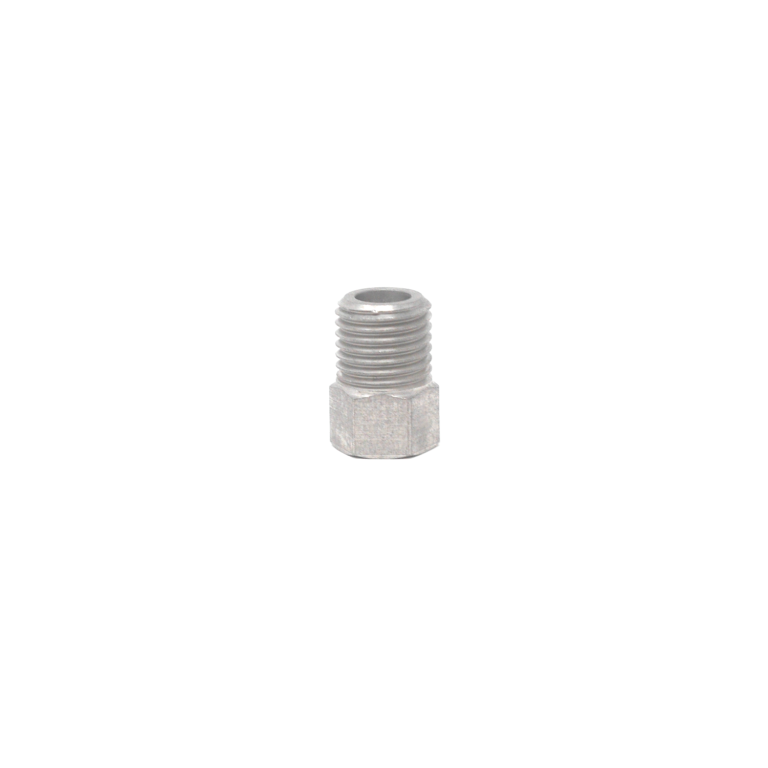 Steel threaded nut positioned on a clean white background, showcasing its metallic texture and design.