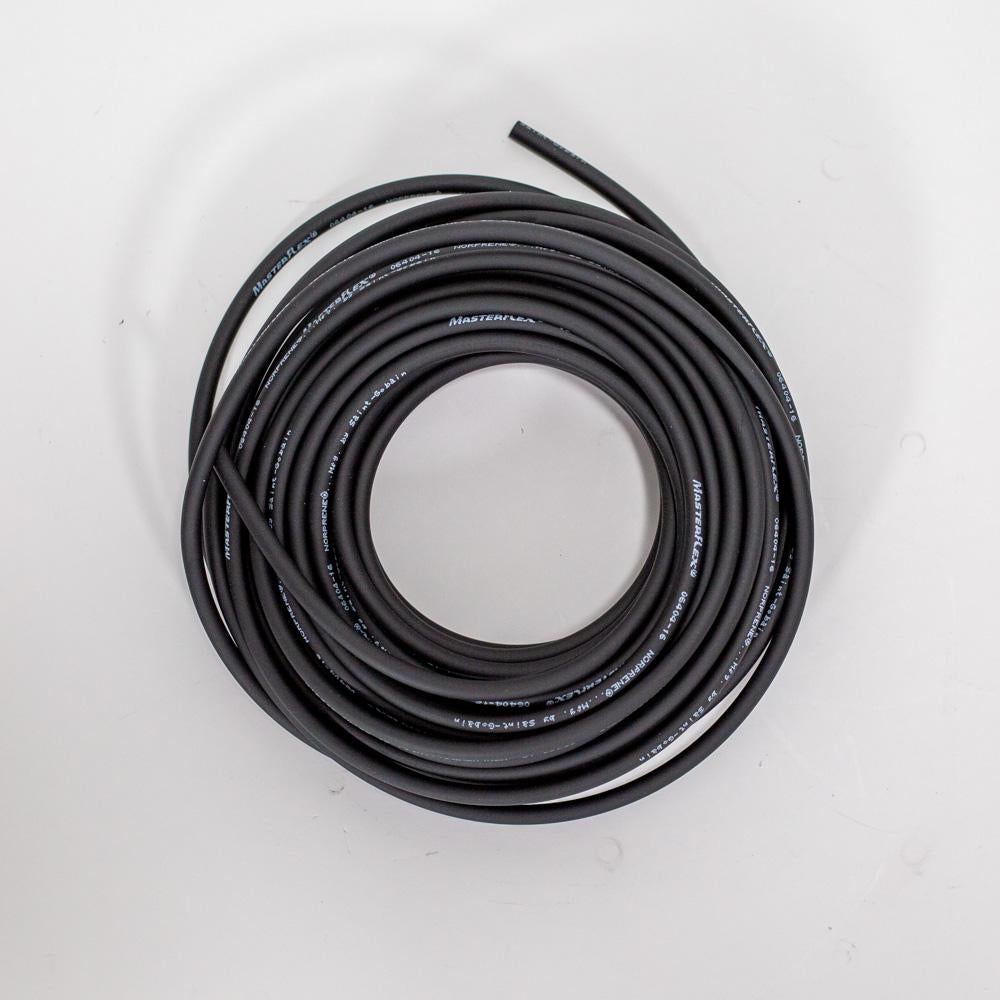 A black hose positioned against a clean white background, highlighting its shape and texture.