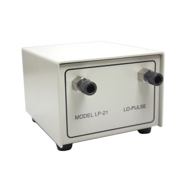 A small white box featuring two black connectors, labeled as the Model LP-21 and Lo-Pulse, displayed on a neutral background.