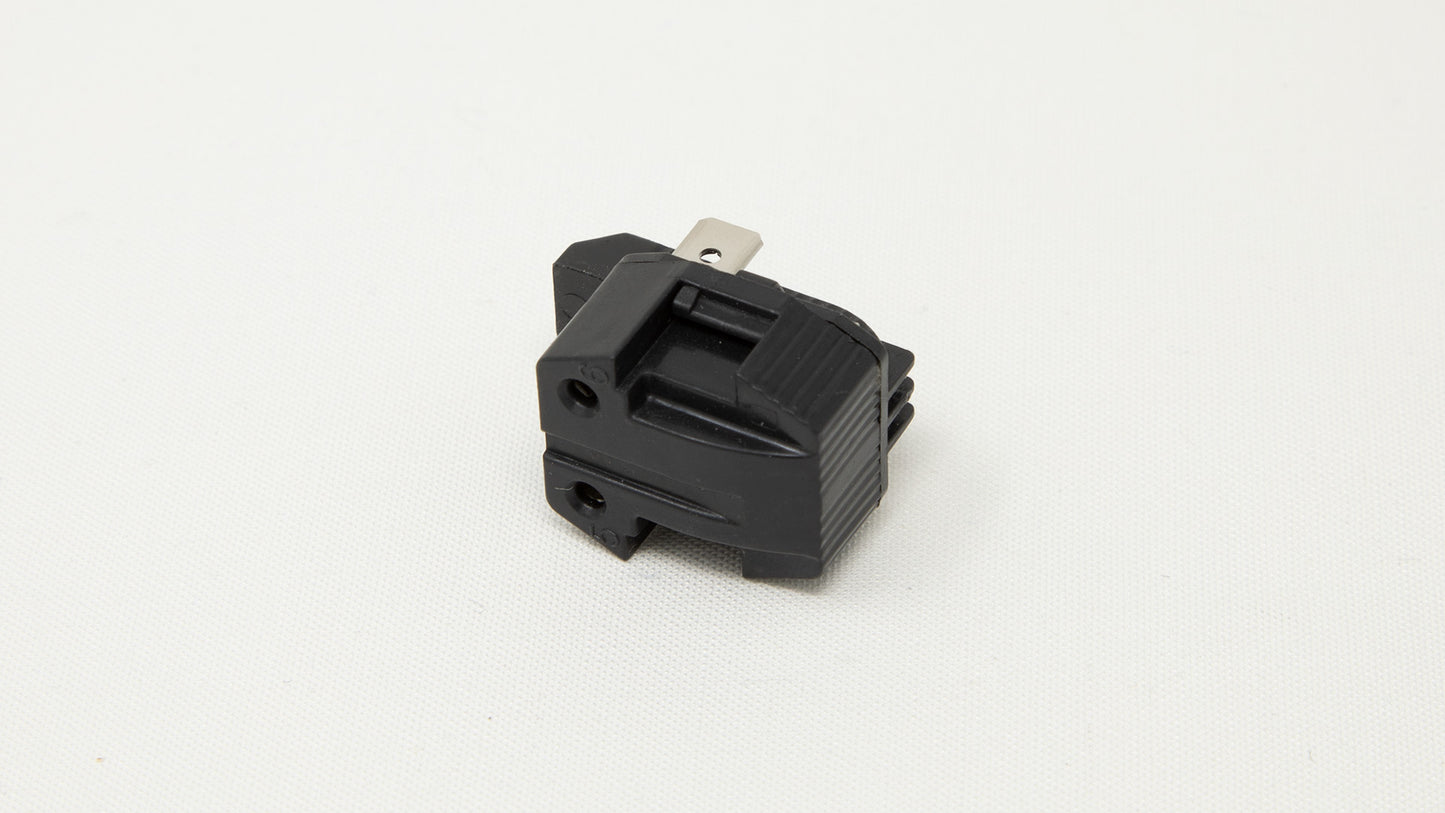 A black plastic electrical plug positioned on a white background, highlighting its sleek and minimalist appearance.