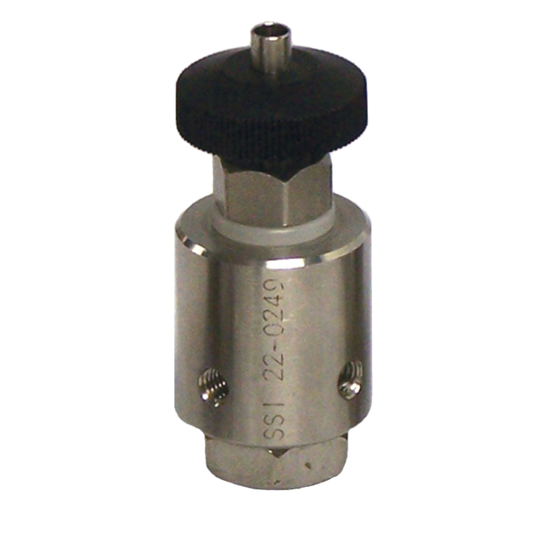 A stainless steel valve featuring a sleek black knob, showcasing a modern and functional design for various applications.