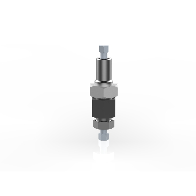 A small metal valve positioned against a clean white background, showcasing its sleek design and metallic finish.