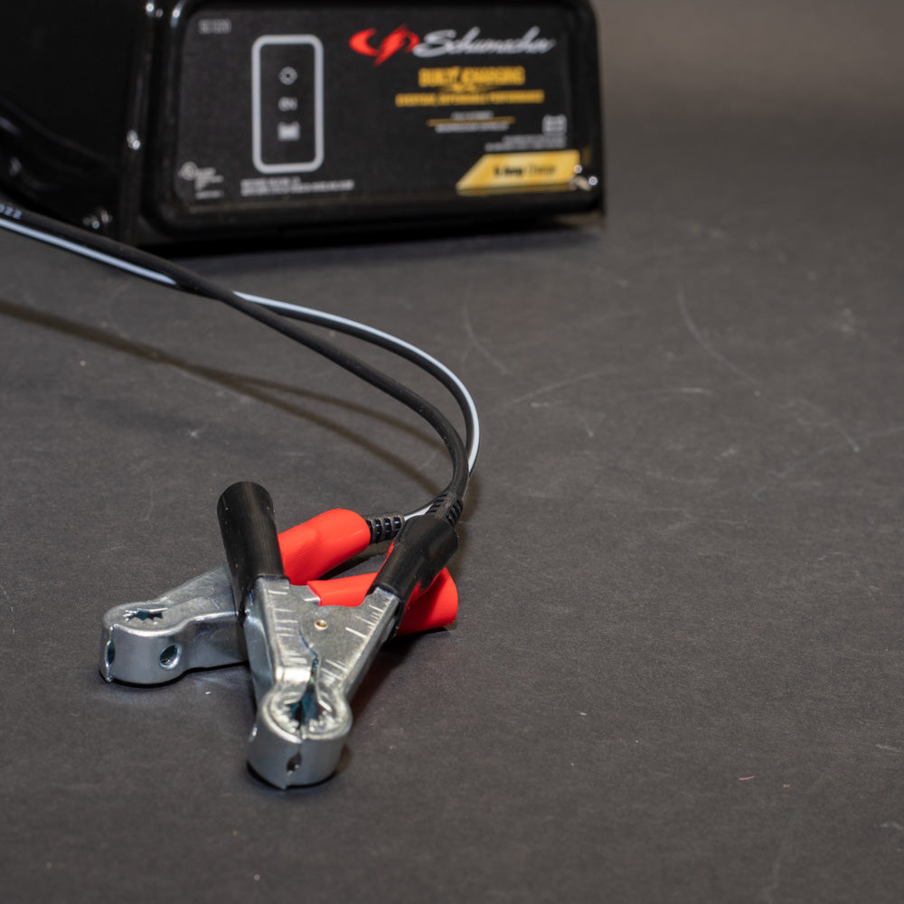 Close-up image of a battery charger’s clips.