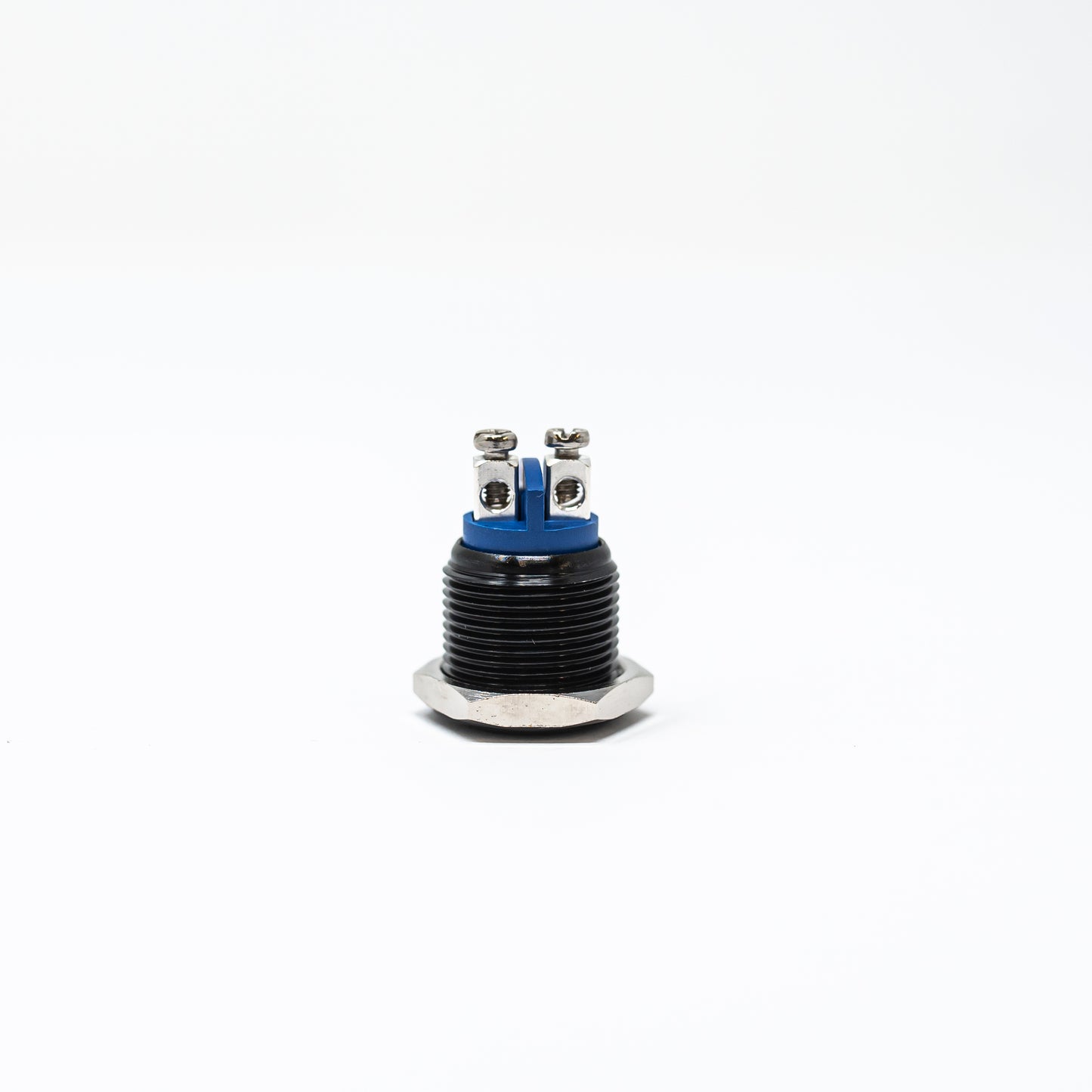 A small black and blue switch positioned against a clean white background, highlighting its design and color contrast.