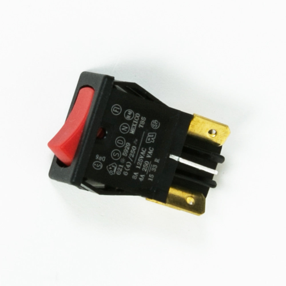 A black and red switch that includes a striking red button, emphasizing its accessibility and usability.