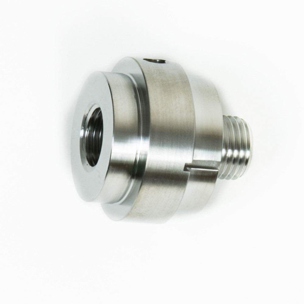 A single stainless steel piston displayed on a white background, emphasizing its shiny texture and precise threading design.