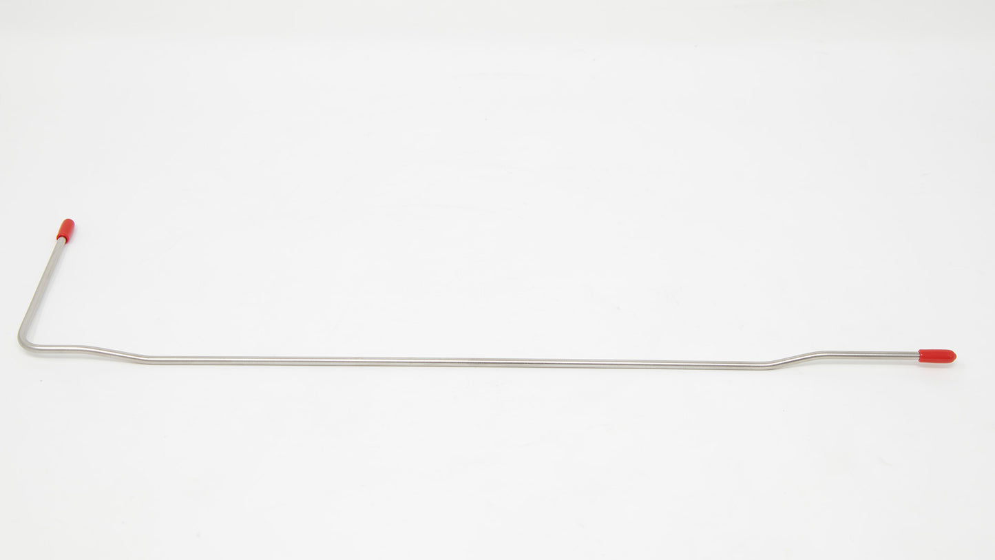 A metal tube equipped with red caps, prominently positioned on a white background, showcasing its functional design.