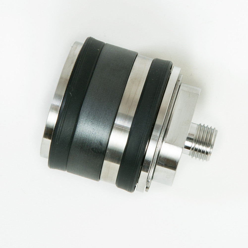 A sleek black and silver metal cylinder with two circular holes, designed for functional use.