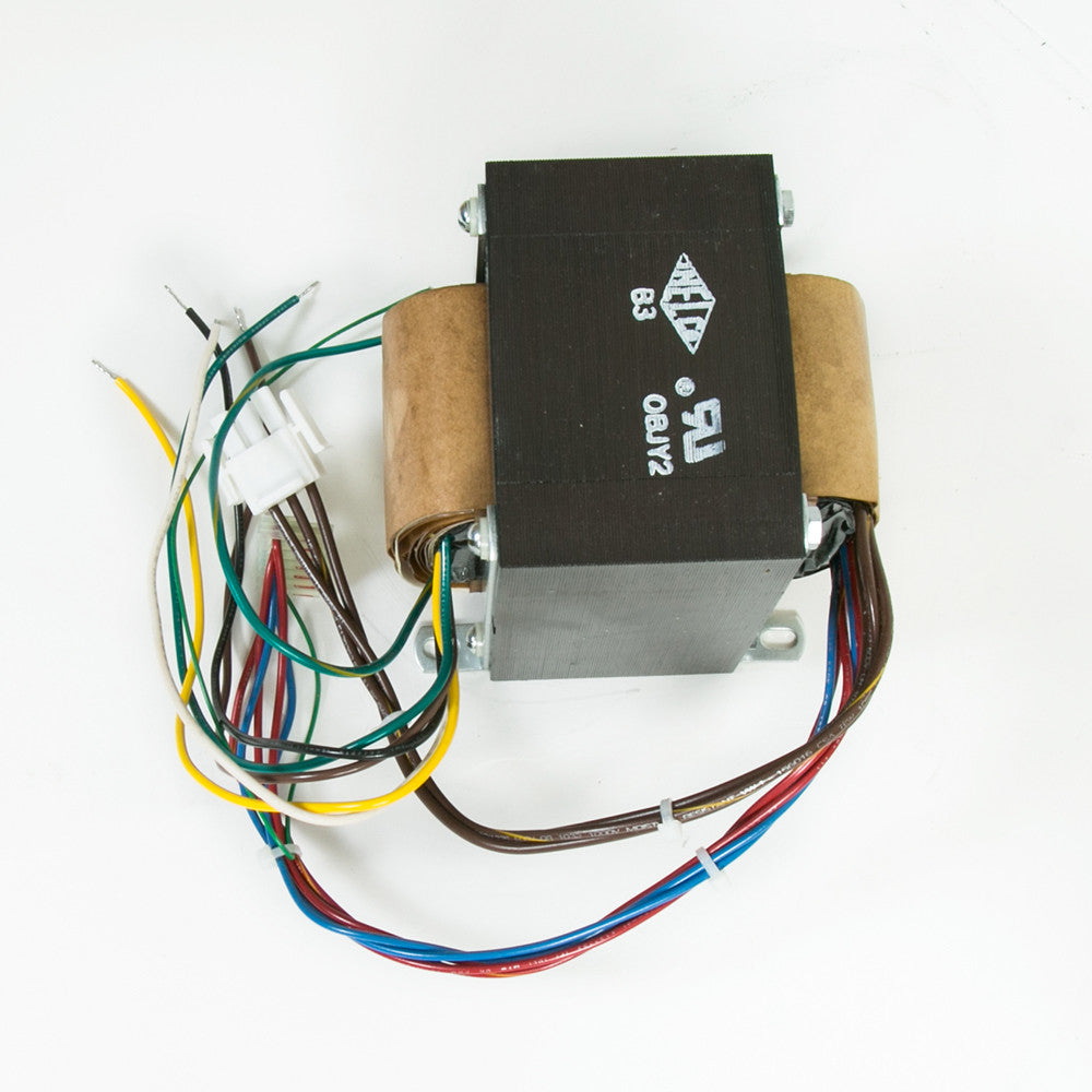 A close-up of a transformer featuring numerous wires, highlighting its intricate electrical setup.