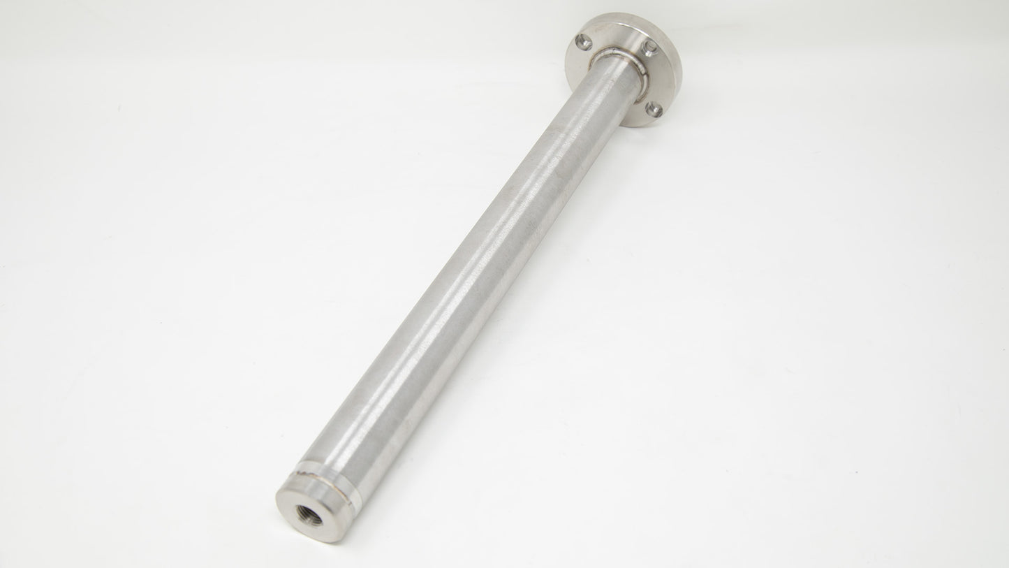 A stainless steel pipe on a white backdrop, showcasing its smooth texture and metallic sheen.