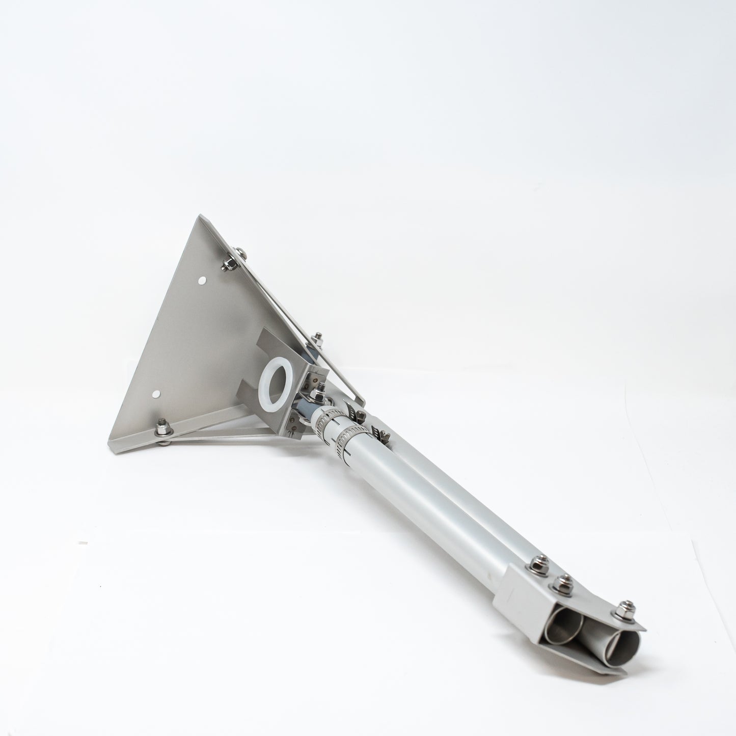 A metal pole with a horizontal metal arm, set against a clean white background.