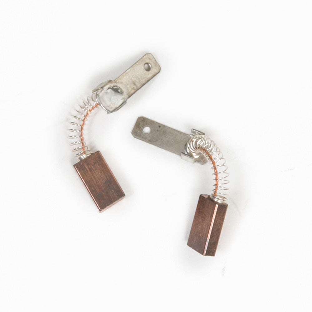 Two electrical motor brushes with attached wires, often utilized in various applications for securing or connecting components.