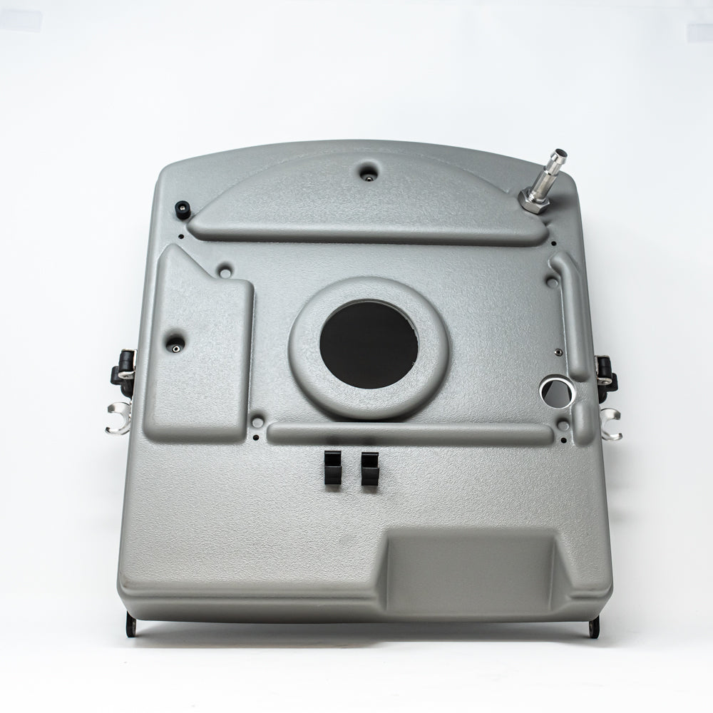 A gray plastic cover with a prominent hole in the center, highlighting its mechanical features and robust construction.