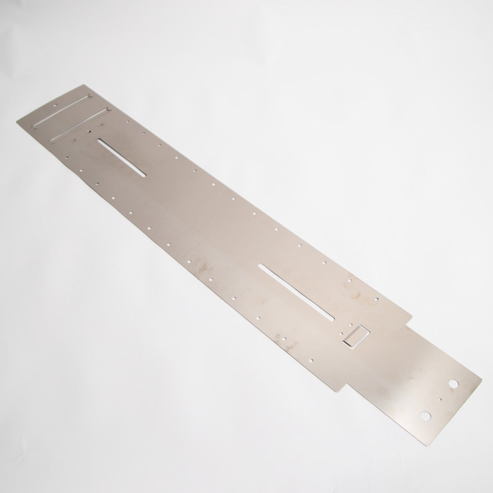 A metal plate characterized by various holes, including a specific hole intended for a screw.