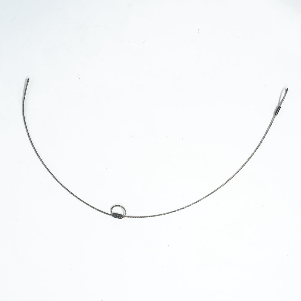 A close-up of a silver steel cable featuring a hook at one end, showcasing its sleek and shiny surface.